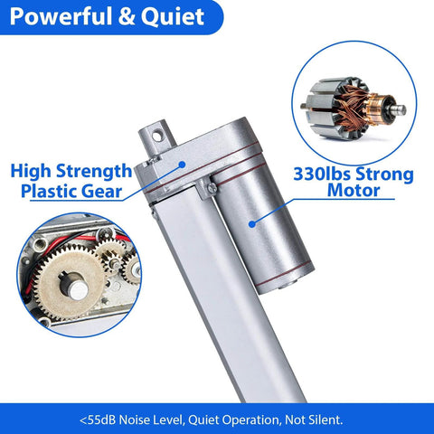 Powerful, quiet utility cart motor and plastic gear, showing 330lbs strong motor, emphasizing performance.