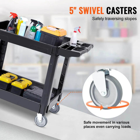 Beefed Up Heavy Duty 2 Shelf Utility Cart With 550 Lbs Capacity Plastic Rolling Service Cart with tools on shelves