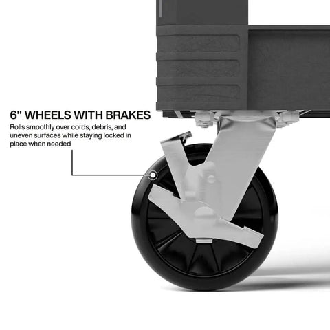 Close-up of a 6-inch wheel with brakes on a Heavy Duty Service Utility Cart With 36 Inch Ergonomic Height And 500 Pound Capacity.