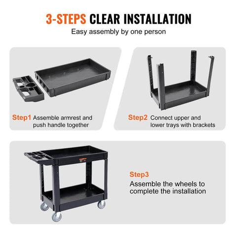 3-step installation of Beefed Up Heavy Duty 2 Shelf Utility Cart With 550 Lbs Capacity Plastic Rolling Service Cart Medium Lipped Shelves
