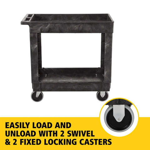 Heavy Duty 2 Shelf Utility Cart With Lipped Shelves And Ergonomic Handle, 500 Lb Capacity, Black Rolling Service Cart