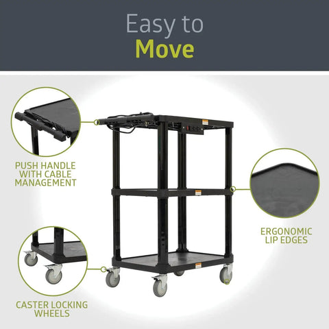 Mobile Utility Cart With Three Shelves And Three Outlets And Eight Foot Cord For Office And Warehouse Use Heavy Duty Workhorse Service Cart With Four Swivel Wheels And Push Handle Black Finish By Pearington, side view