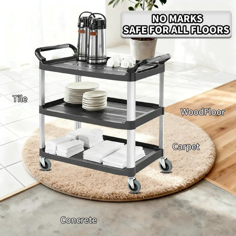 Utility cart with heavy duty stem caster wheels on various floor types, holding dishes and a coffee set, no marks on floors.