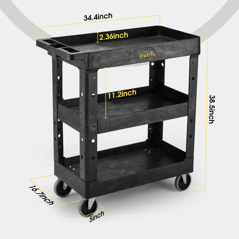 Heavy Duty 3 Shelf Utility Cart With 550 Lb Capacity, 34 By 17 By 38.5 Inch Rolling Work Cart, Deep Shelves, 4 Swivel Wheels, Black
