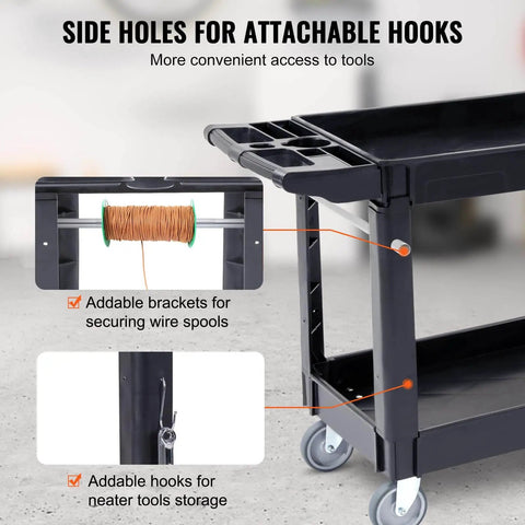 Beefed Up Heavy Duty 2 Shelf Utility Cart With 550 Lbs Capacity Plastic Rolling Service Cart Medium Lipped Shelves 360 Degree Swivel Wheels Ergonomic Storage Handle For Warehouse And Garage Black VEVOR, side view showing side holes for hooks and brackets
