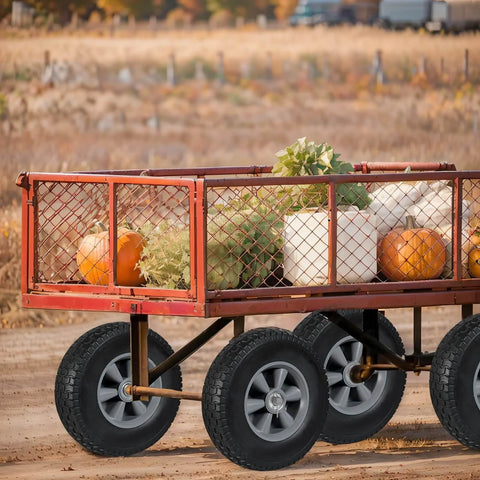 Utility cart with solid rubber tires and wheels, 10 inch flat free tubeless wheels, 5/8" axle bore hole, carrying pumpkins in a field