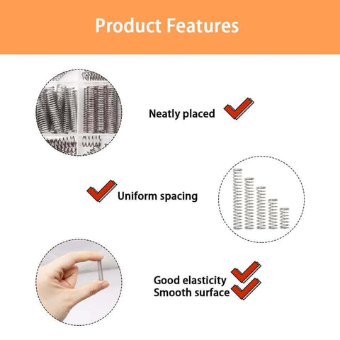 Image displaying features of springs: neatly placed, uniform spacing, good elasticity, and smooth surface with a hand holding a spring.