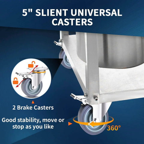 Close-up of 5" silent universal casters on Three Tier Stainless Steel Utility Cart with brakes and 360-degree mobility