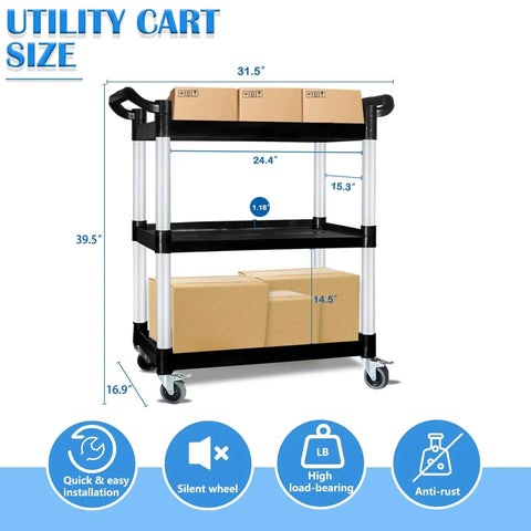 Heavy Duty 510 Lb Capacity Utility Cart With Locking Wheels AQNIEGEP 3 Tier Mobile Kitchen Cart showing size dimensions