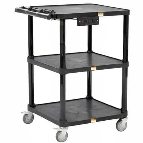 Mobile Utility Cart With Three Shelves And Three Outlets And Eight Foot Cord For Office And Warehouse Use Heavy Duty Workhorse Service Cart With Four Swivel Wheels And Push Handle Black Finish By Pearington
