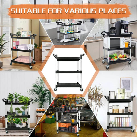 Collage of Built To Haul 3 Tier Utility Cart On Wheels With 510 Lb Capacity For Kitchen Office And Warehouse Rubber Pad Durable Aluminum Frame And High Density Polyethylene Shelves 31.5 x 16.9 x 38.9 Inches Black in various settings