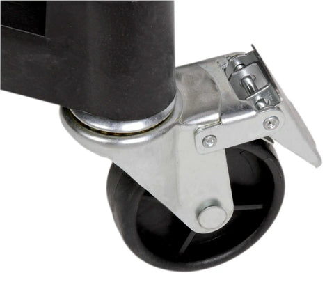 Close-up of wheel on Three Shelf Utility Cart On Wheels For Garage Workshop Office And Home Use 225 Lbs Capacity Durable Polypropylene Shelves Easy To Clean And Rust Resistant Black By MaxWorks