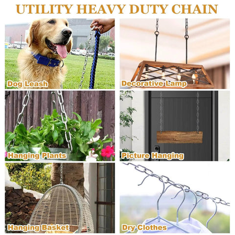 Utility uses of the 19.6ft (6 m) Length Galvanized Steel Chain, showing dog leash, lamp, hanging plants, picture, basket, and clothes drying.