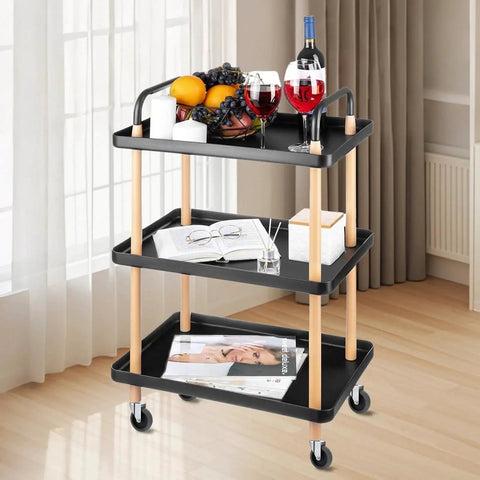 3-tier utility cart with wooden legs on 4 Inch Stem Caster Wheels Set Of 4 Heavy Duty TPR Replacement Casters For Utility Carts Mop Buckets Grills and More.