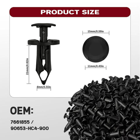 200 Pcs UTV Nylon Fender Clips And Body Rivets Kit With Removal Tool For Polaris Ranger RZR Can Am Kawasaki Teryx Honda Rancher Suzuki Sportsman ATV Fasteners shown with dimensions and pile of clips
