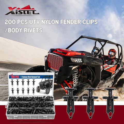200 Pcs UTV Nylon Fender Clips And Body Rivets Kit With Removal Tool, displayed with a UTV in the background.