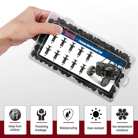 Hand holding 200 Pcs UTV Nylon Fender Clips And Body Rivets Kit With Removal Tool For Polaris Ranger RZR Can Am Kawasaki Teryx Honda Rancher Suzuki Sportsman ATV Fasteners, shown in transparent box with labels.