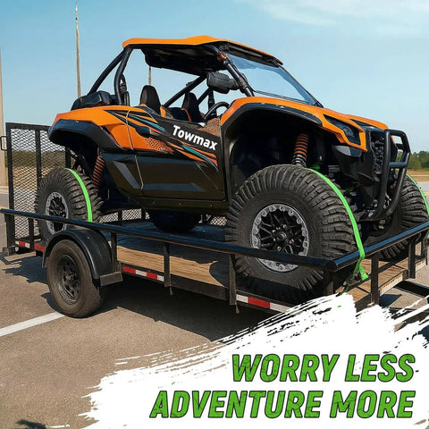 All In One UTV Wheel Chock Tie Down Kit By Towmax With 4500Lb Break Strength securing SXS on trailer
