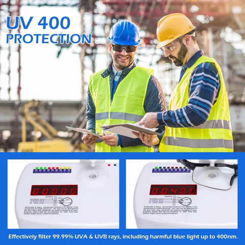 Workers wearing 12 Pack ANSI Z87.1 Safety Glasses Clear Lenses Anti Scratch for Men Women Youth with UV 400 protection on site