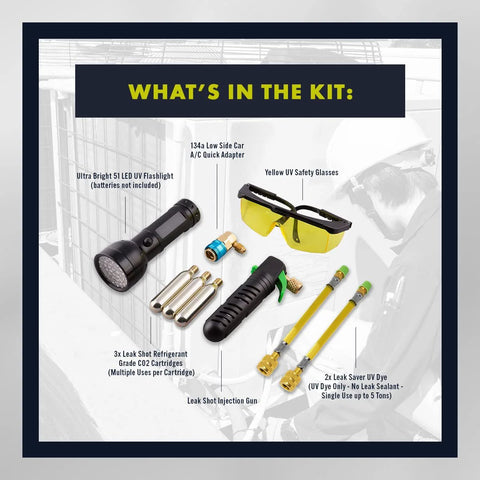 Leak Saver Leak Shot Dye Inject Kit with UV flashlight, yellow safety glasses, dye cartridges, injection gun, and hoses