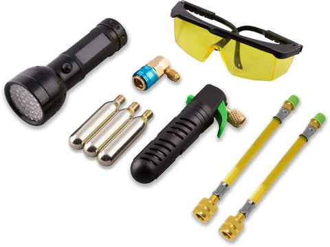 Leak Shot Dye Inject Kit with UV dye; black injector gun, yellow hoses, four silver cartridges, safety glasses