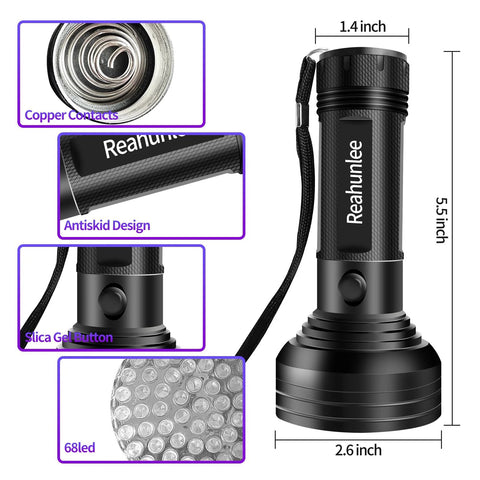 REALHUNLEE 68-LED UV auto A/C dye leak detector flashlight with copper contacts and anti-skid grip