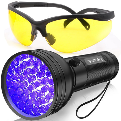 Vansky 68-LED UV leak detection flashlight with yellow safety glasses