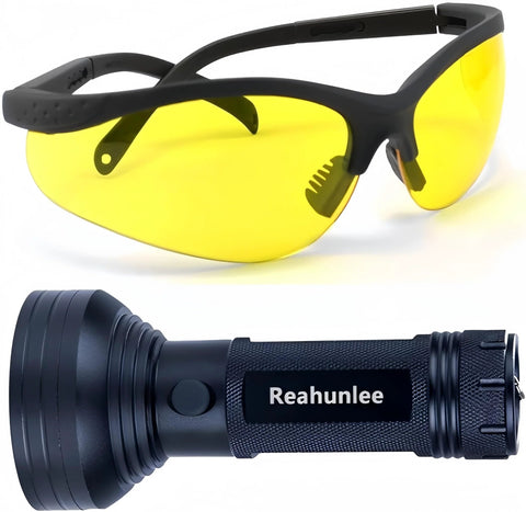 Reahunlee UV dye leak detector kit: black 68-LED UV flashlight with yellow safety glasses