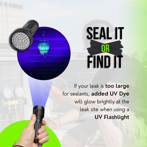 Leak Saver Direct Inject Ultimate 3-in-1 AC leak sealer by Amazon; black UV flashlight with blue glow graphic