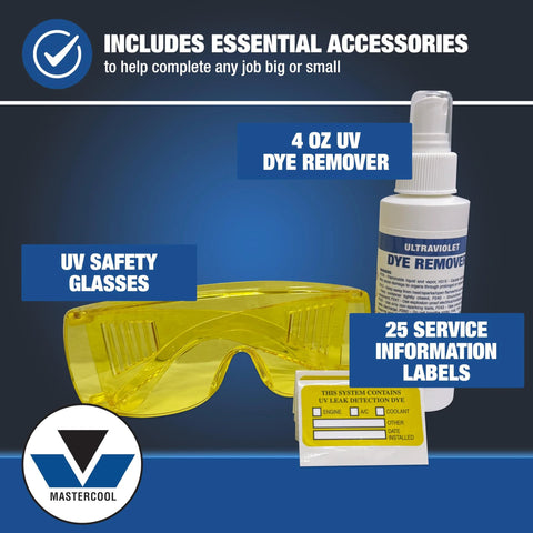 Mastercool UV leak detection kit with yellow safety glasses, dye remover bottle, and 25 service labels