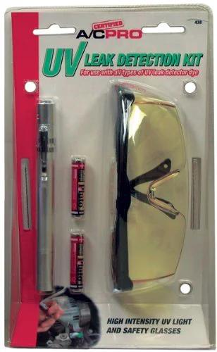 A/C Pro UV Leak Detection Kit for automotive use with safety glasses, pen light, and two dye vials