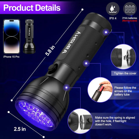 Vansky automotive AC leak detector flashlight, 68 LED UV dye kit, black textured grip, 5.8 in, protective glasses