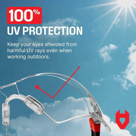 Anti Fog Clear Safety Glasses With Wraparound Lenses And ANSI Z87 Certification providing 100% UV protection against harmful rays.