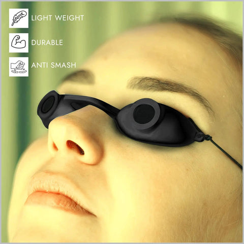 Close-up of person wearing Tanning Bed Goggles With UV Protection And Red Light Therapy Eyewear 2 Pack, highlighting fit and features.