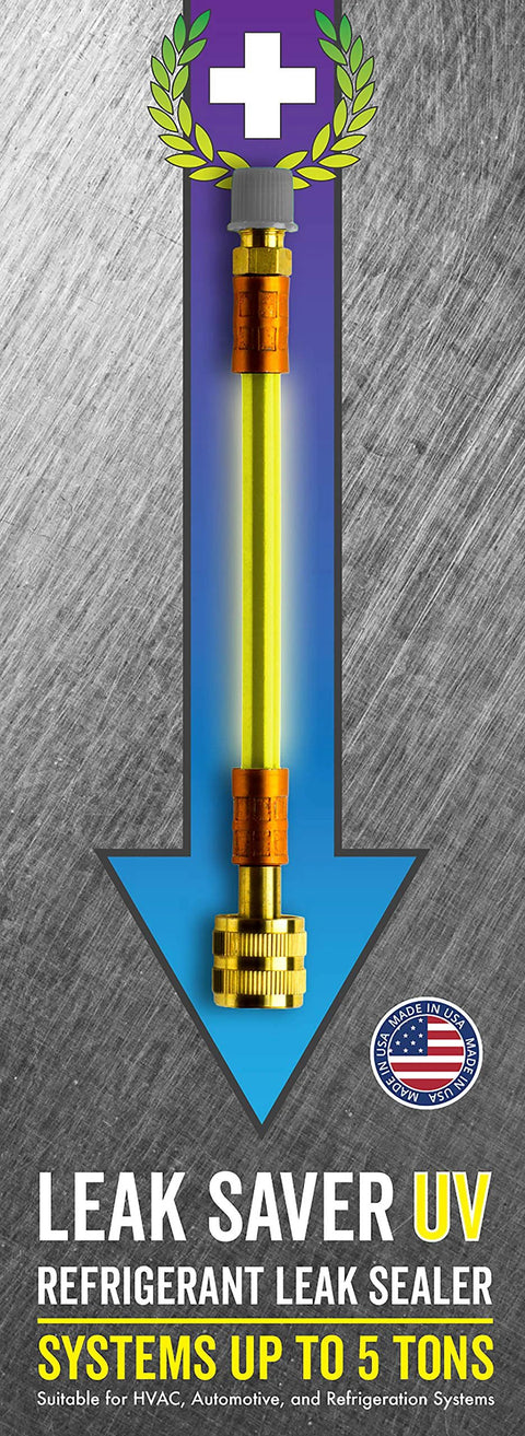 Leak Saver UV refrigerant leak sealer tool with yellow dye line and brass fittings for systems up to 5 tons.