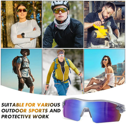 Collage of men and women wearing ANSI Z87.1 UV safety glasses; outdoor activities and workshop setting; blue impact-resistant glasses at bottom.