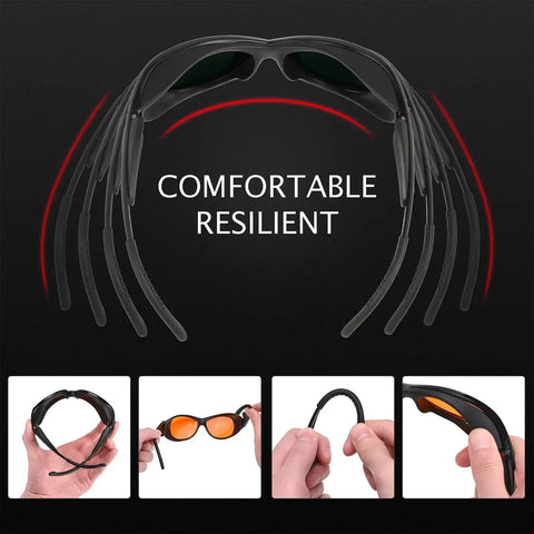 UV Safety Glasses for 90nm-490nm UV Lamps Orange Lenses Anti-Glare Anti-Fog shown with flexible, comfortable design features