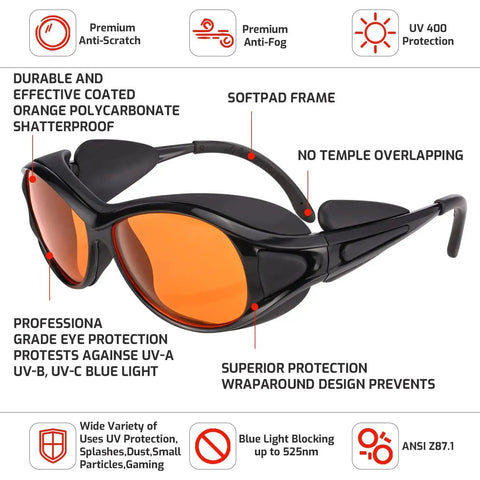 UV Safety Glasses for 90nm-490nm UV Lamps Orange Lenses Anti-Glare Anti-Fog with protective features and orange polycarbonate lenses