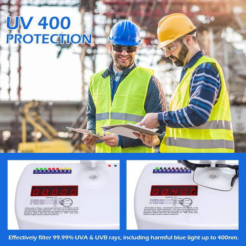 Workers wearing Anti Fog Clear Safety Glasses ANSI Z87.1 Eye Safety for work with UV protection meter display.