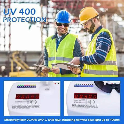 Two workers wearing 12 Pack Tinted Safety Glasses ANSI Z87.1 UV400 Eyewear For Men And Women at construction site