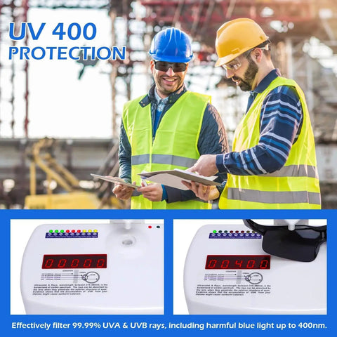 Two workers with clipboards wearing 6 Pack Tinted Safety Glasses ANSI Z87.1 UV Block Eye Protection For Men And Women, UV 400 protection.