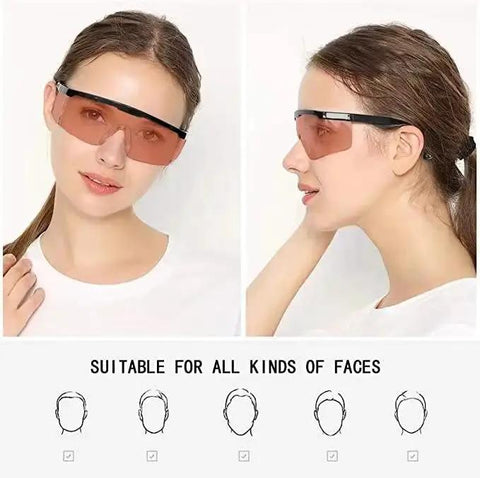 Woman wearing UVC 400 Blue Light Blocking Safety Glasses ANSI Z87 Protective Eyewear, front and side view.