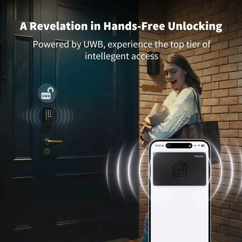 Woman using smartphone to unlock door with Ultra Secure UWB Smart Lock With Matter Over Thread Delivers Effortless Access.