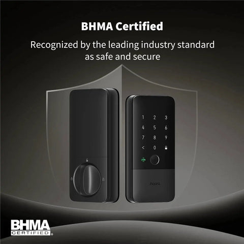 Ultra Secure UWB Smart Lock With Matter Over Thread Delivers Effortless Access Through Auto Unlock, Apple Home Key, Fingerprint, And Keypad shown front and back.