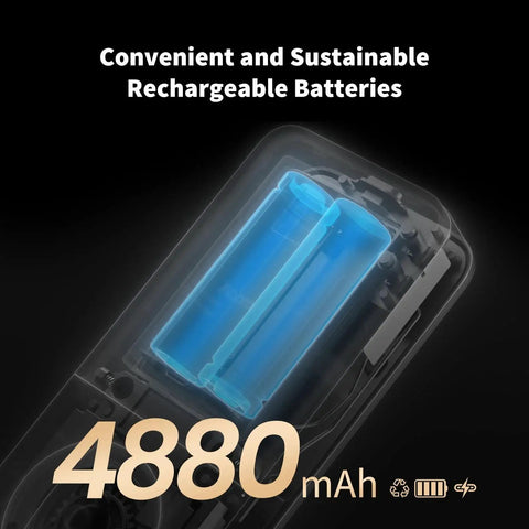 Close-up of Ultra Secure UWB Smart Lock with rechargeable 4880mAh battery shown encased, labeled with 'Convenient and Sustainable'.