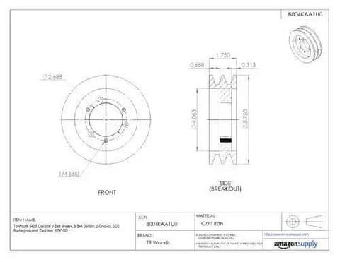 Technical drawing of Classical V Belt Sheave for B Belt Section With Two Grooves Cast Iron 5.75 Inch OD SDS Bushing