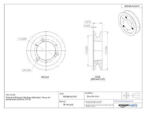 Technical drawing of Classic V Belt Sheave For B Belt Section One Groove Cast Iron Thirteen Point Nine Five Inch Outer Diameter