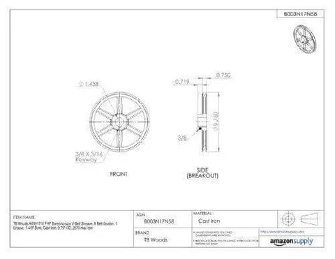 Technical drawing of Bored To Size V Belt Sheave A Belt Section 1 Groove Three Quarter Inch Bore Cast Iron 2.75 Inch Outer Diameter.