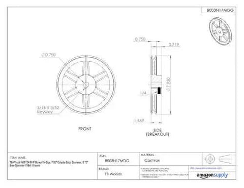 Technical drawing of Bored-To-Size V-Belt Sheave For Classic V-Belt Drives, 5.45 In Outside Diameter, 0.5 In Bore, Single-Groove Cast Iron