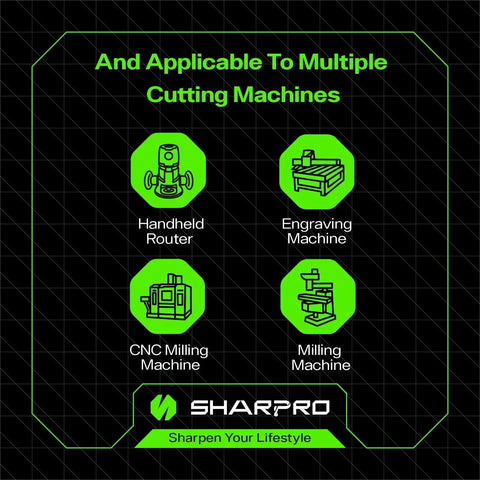Chart showing compatibility of V Groove O Flute Chamfer Router Bit 30 Degree One Quarter Inch Shank CNC Carbide V Bit with handheld router, engraving, CNC, and milling machines.